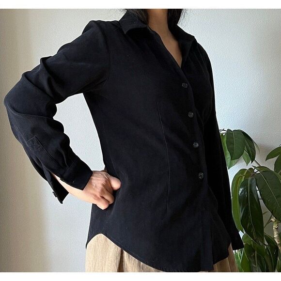 vtg 90s y2k suedelike black button down shirt classic tailored boho blouse small - Picture 8 of 10